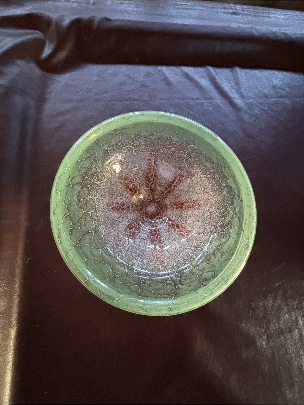 Decorative Green Crackle Glass Bowl with Red Star Motif
